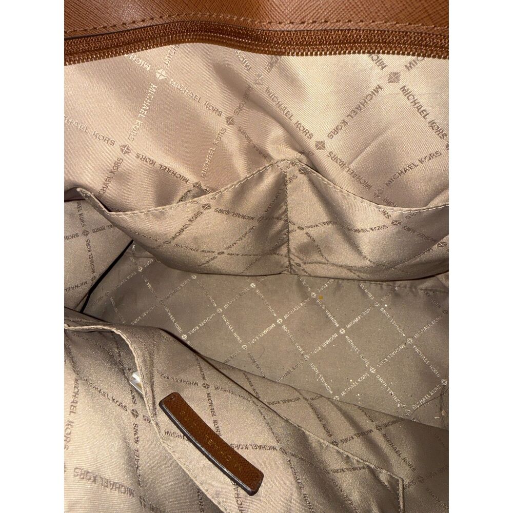 Michael Kors MK Brown Cream Leather Large Tote Logo Bag Purse - Picture 9 of 9